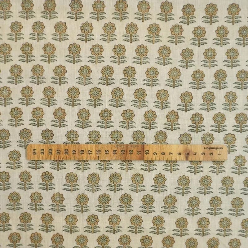 Handmade Block Print Green Floral Natural Linen Blend Fabric - Anamika