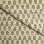 Handmade Block Print Green Floral Natural Linen Blend Fabric - Anamika