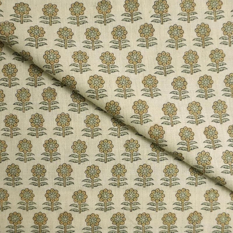 Handmade Block Print Green Floral Natural Linen Blend Fabric - Anamika
