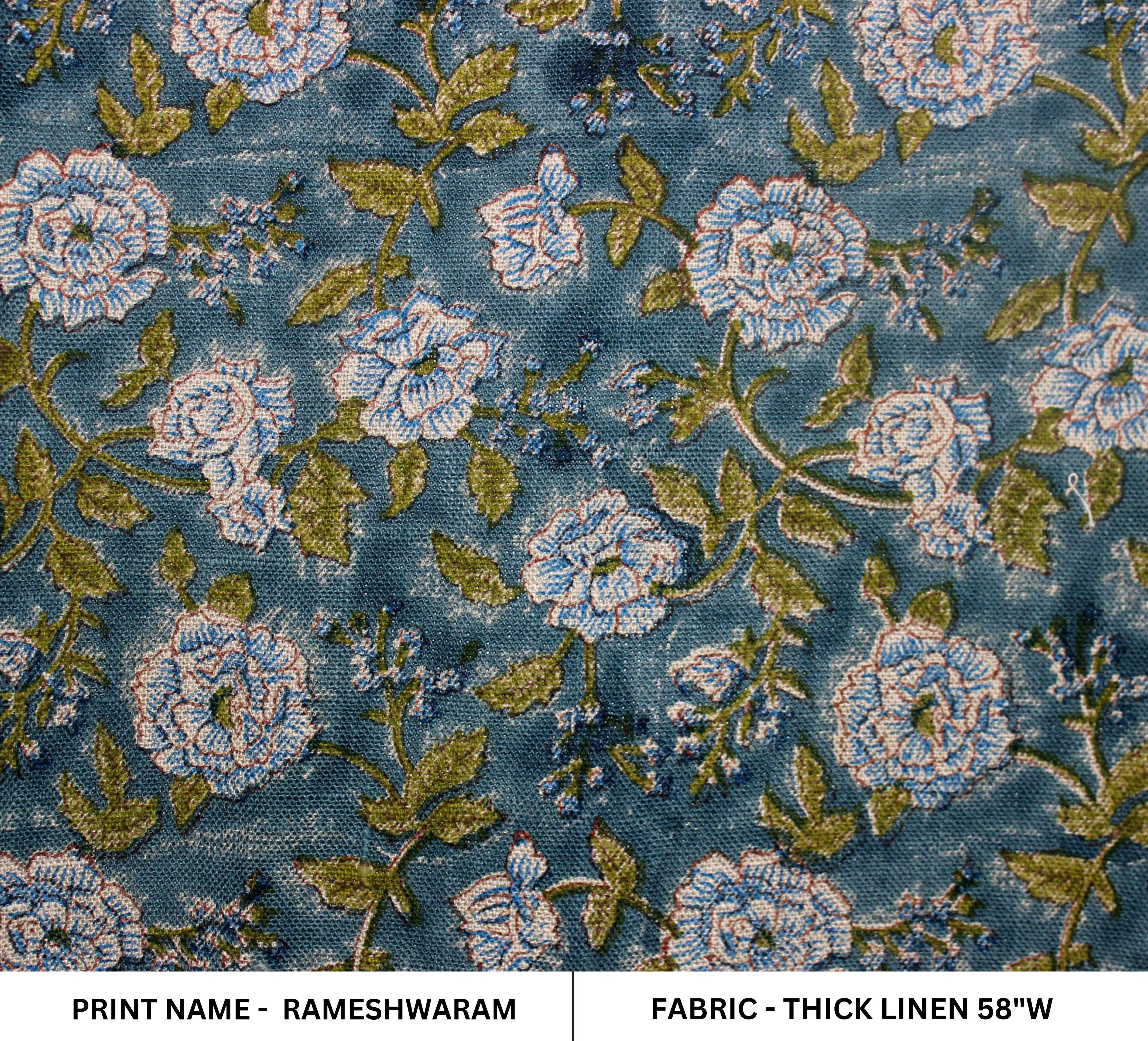 Handmade Block Print Green Floral Thick Linen Fabric – Rameshwaram