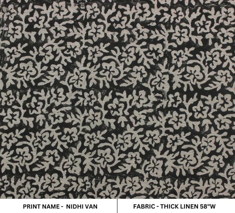 Handmade Block Print Grey Floral Thick Linen Fabric - Nidhi Van