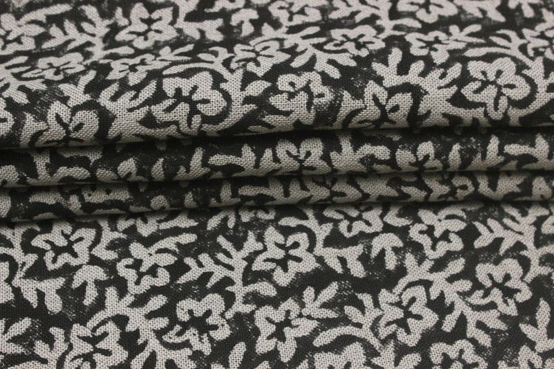 Handmade Block Print Grey Floral Thick Linen Fabric - Nidhi Van