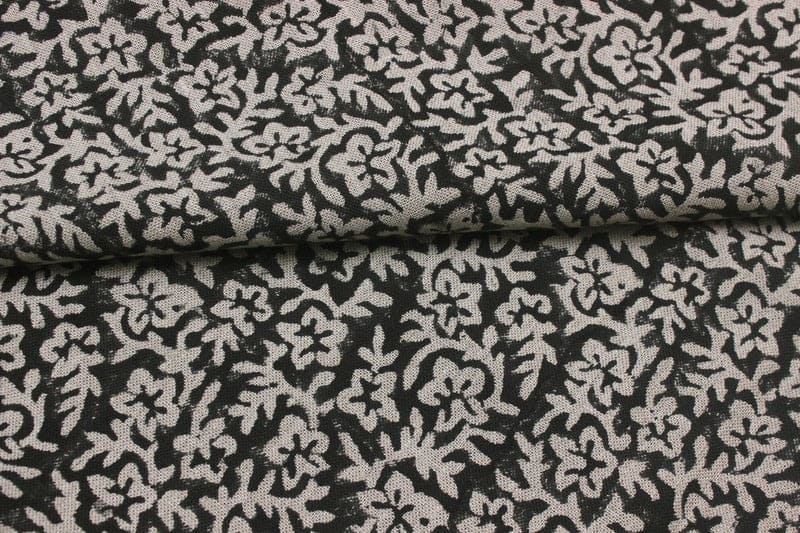 Handmade Block Print Grey Floral Thick Linen Fabric - Nidhi Van