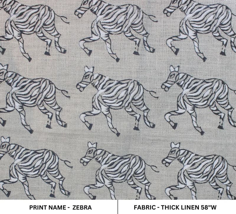 Handmade Block Print Grey Floral Thick Linen Fabric - Zebra
