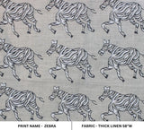 Handmade Block Print Grey Floral Thick Linen Fabric - Zebra