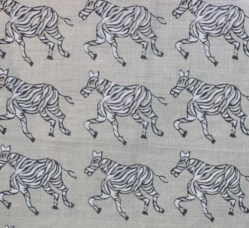 Handmade Block Print Grey Floral Thick Linen Fabric - Zebra