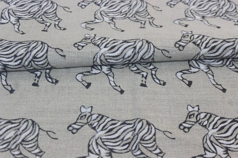 Handmade Block Print Grey Floral Thick Linen Fabric - Zebra
