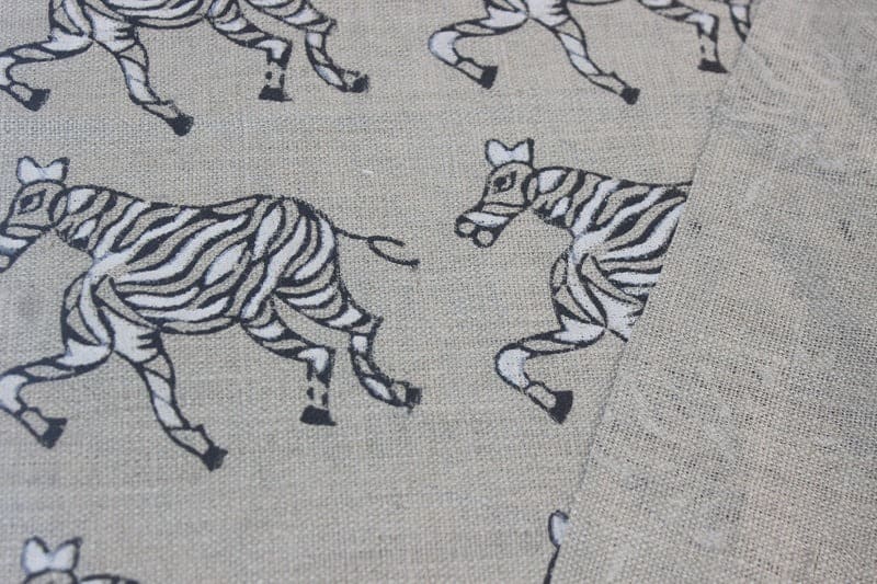 Handmade Block Print Grey Floral Thick Linen Fabric - Zebra