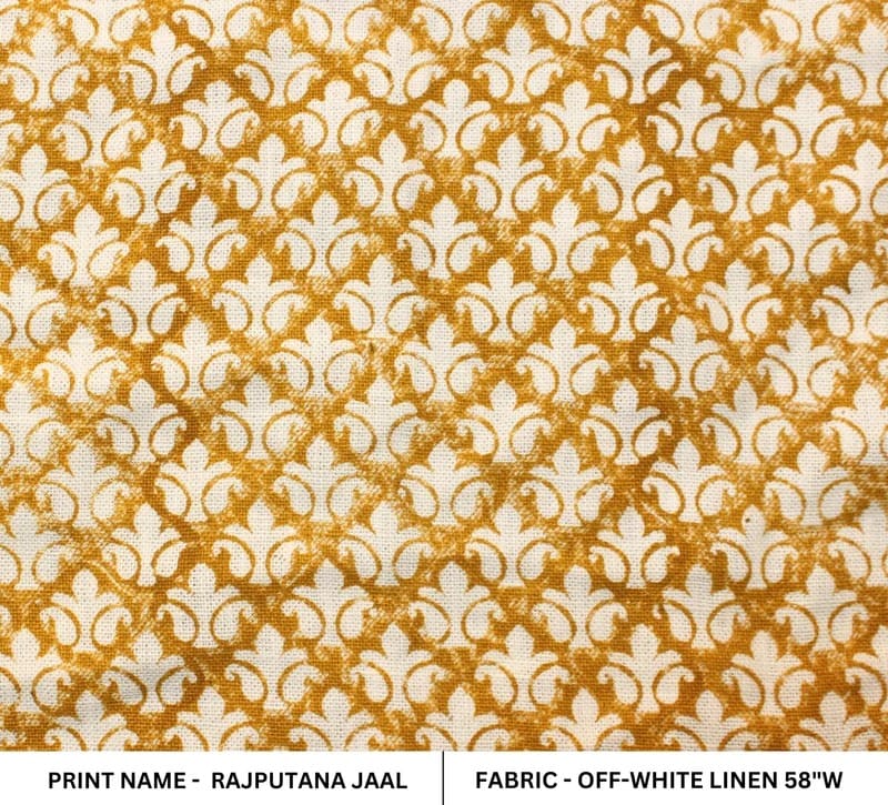 Handmade Block Print Mustard Off White Linen Fabric - Rajputana Jaal
