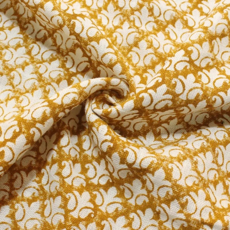 Handmade Block Print Mustard Off White Linen Fabric - Rajputana Jaal
