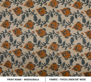 Handmade Block Print Orange Fabric in Thick Linen - Madhubala