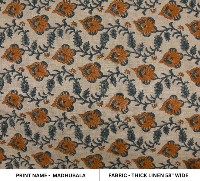 Handmade Block Print Orange Fabric in Thick Linen - Madhubala