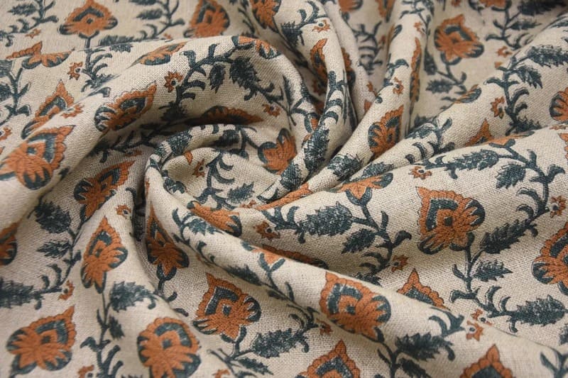 Handmade Block Print Orange Fabric in Thick Linen - Madhubala