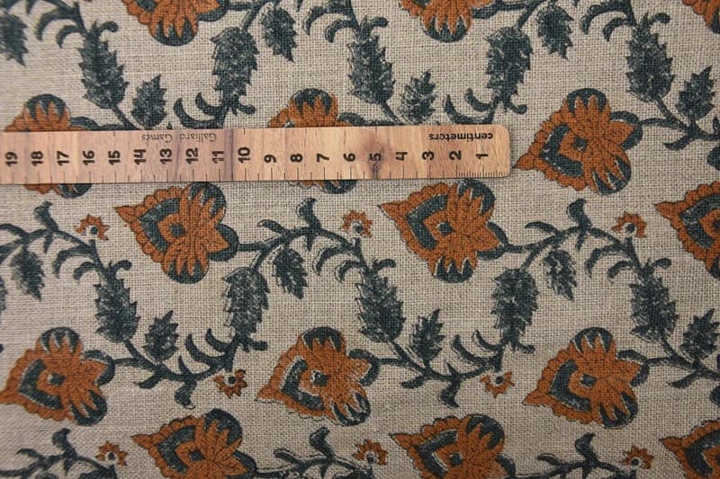 Handmade Block Print Orange Fabric in Thick Linen - Madhubala