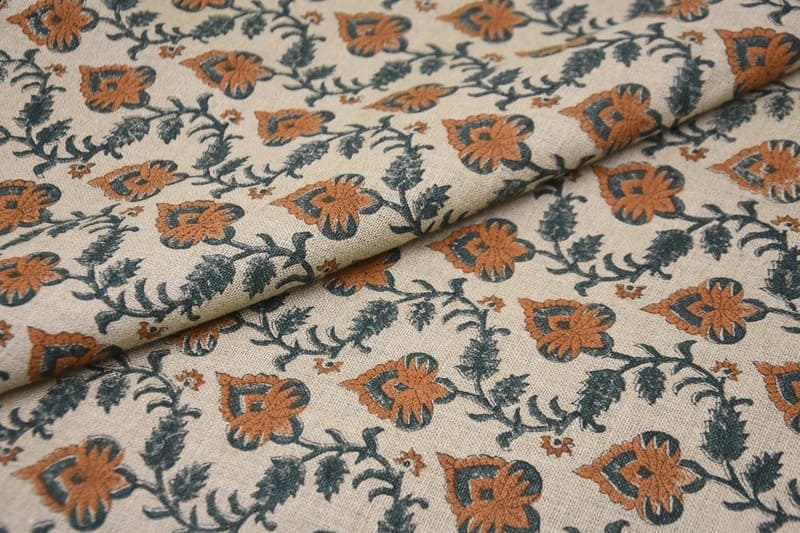 Handmade Block Print Orange Fabric in Thick Linen - Madhubala