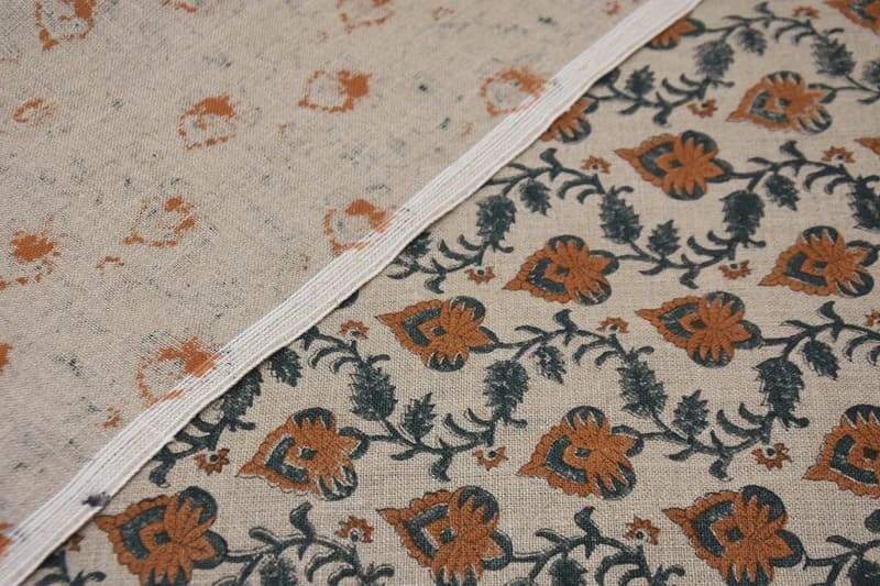 Handmade Block Print Orange Fabric in Thick Linen - Madhubala