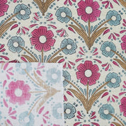 Handmade Block Print Pink & Blue Floral Linen Blend Fabric - Vanshika