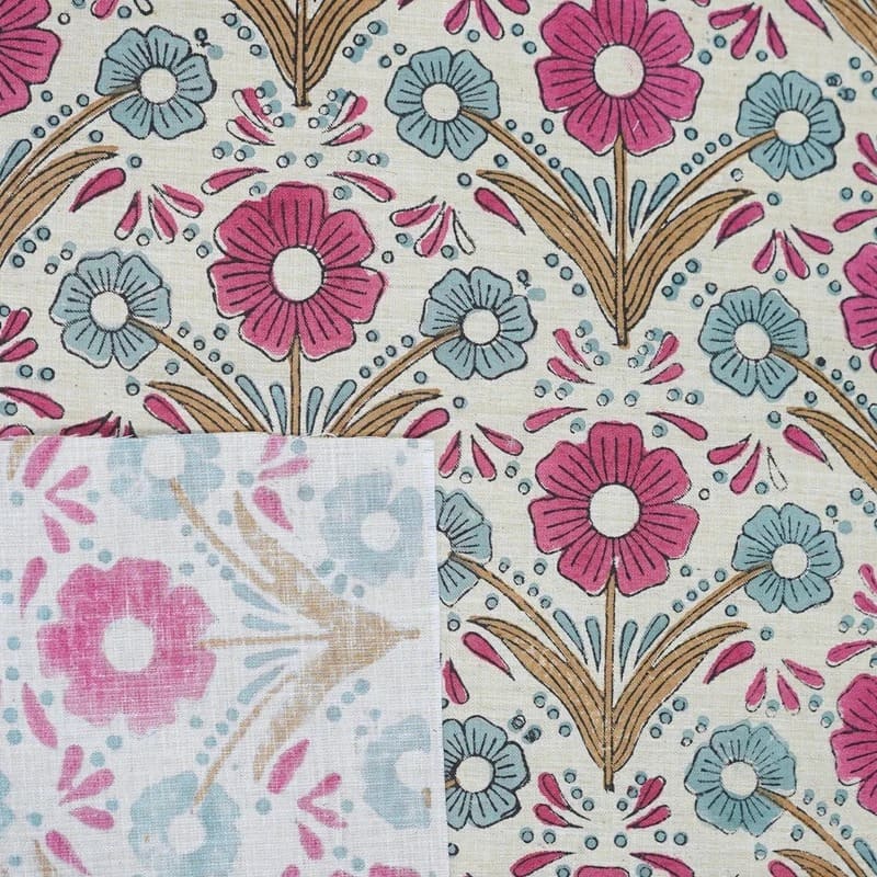 Handmade Block Print Pink & Blue Floral Linen Blend Fabric - Vanshika