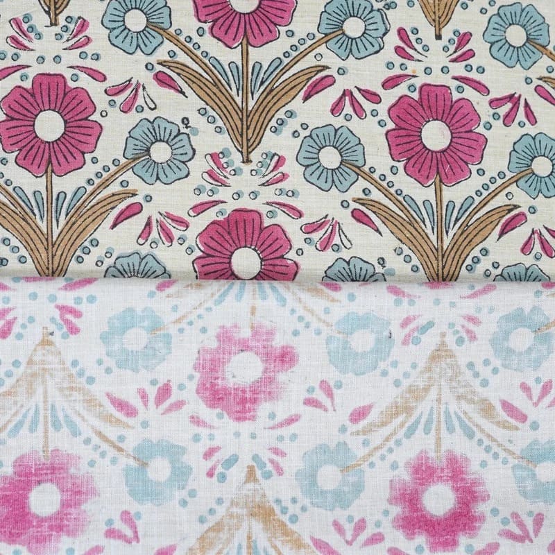 Handmade Block Print Pink & Blue Floral Linen Blend Fabric - Vanshika