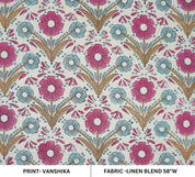 Handmade Block Print Pink & Blue Floral Linen Blend Fabric - Vanshika