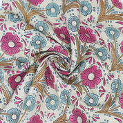 Handmade Block Print Pink & Blue Floral Linen Blend Fabric - Vanshika