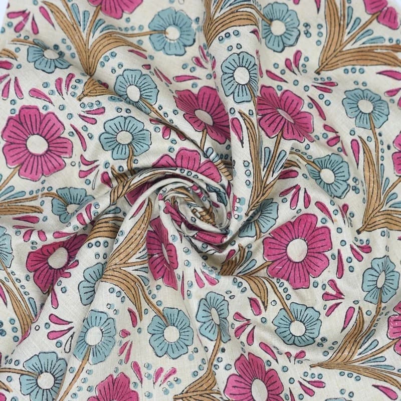 Handmade Block Print Pink & Blue Floral Linen Blend Fabric - Vanshika