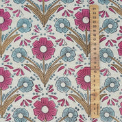 Handmade Block Print Pink & Blue Floral Linen Blend Fabric - Vanshika