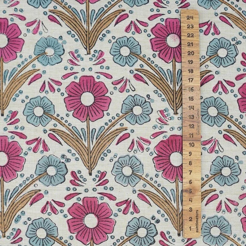 Handmade Block Print Pink & Blue Floral Linen Blend Fabric - Vanshika