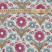 Handmade Block Print Pink & Blue Floral Linen Blend Fabric - Vanshika