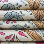 Handmade Block Print Pink & Blue Floral Linen Blend Fabric - Vanshika