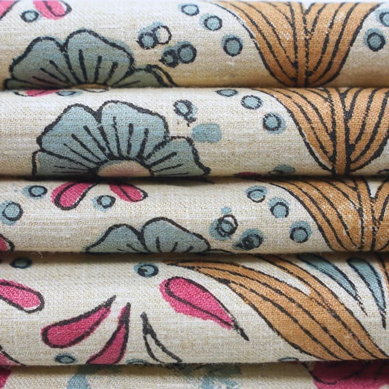 Handmade Block Print Pink & Blue Floral Linen Blend Fabric - Vanshika