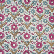 Handmade Block Print Pink & Blue Floral Linen Blend Fabric - Vanshika