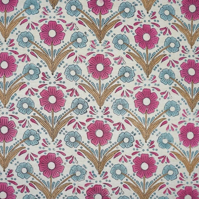 Handmade Block Print Pink & Blue Floral Linen Blend Fabric - Vanshika