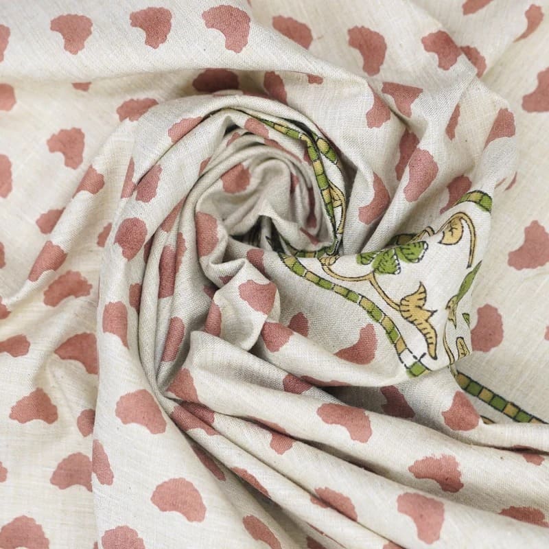 Handmade Block Print Pink & Green Floral Linen Blend - Priya
