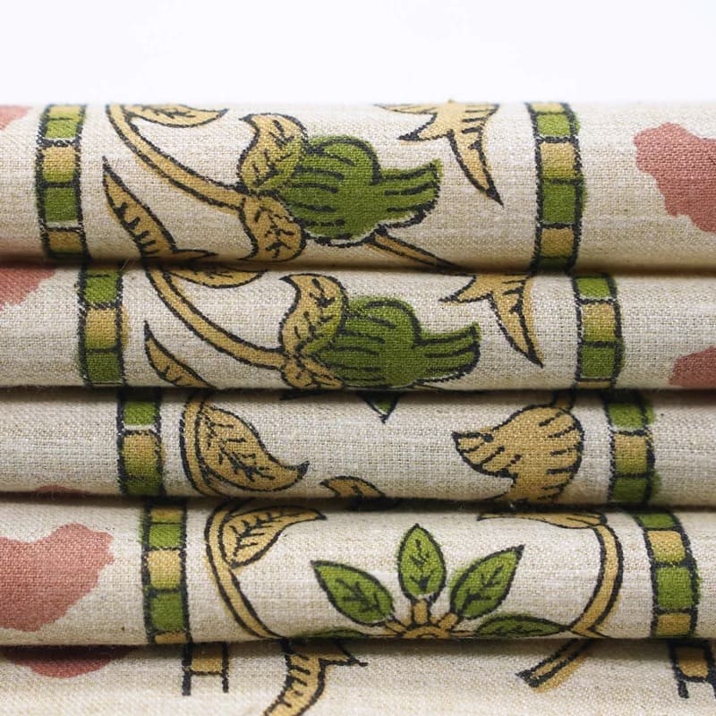 Handmade Block Print Pink & Green Floral Linen Blend - Priya
