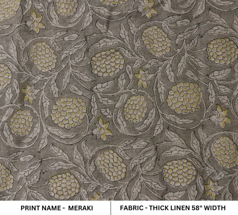 Handmade Block Print Yellow Floral Thick Linen Fabric - Merakhi
