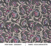 Handmade Block Printed Red & Blue Floral Duck Canvas - Saraswati