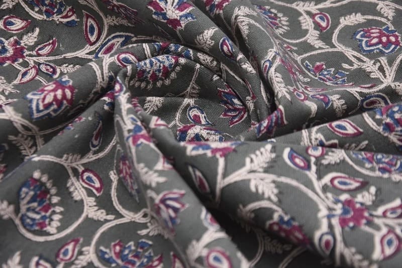Handmade Block Printed Red & Blue Floral Duck Canvas - Saraswati