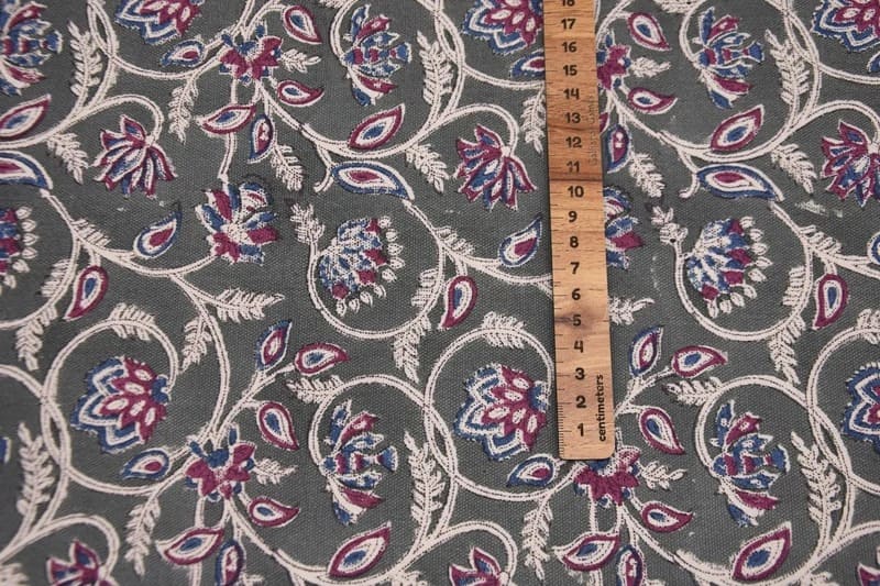 Handmade Block Printed Red & Blue Floral Duck Canvas - Saraswati