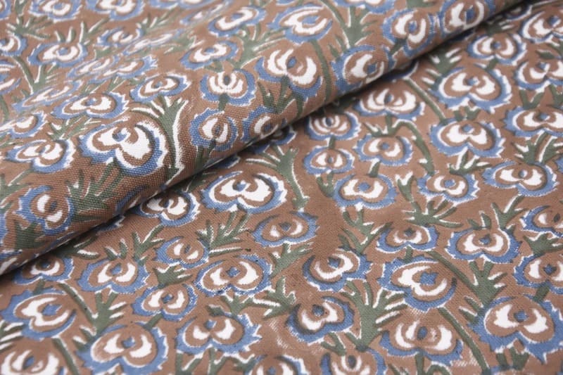 Handmade Hand Block Print Blue Thick Cotton Fabric - Heart Vine