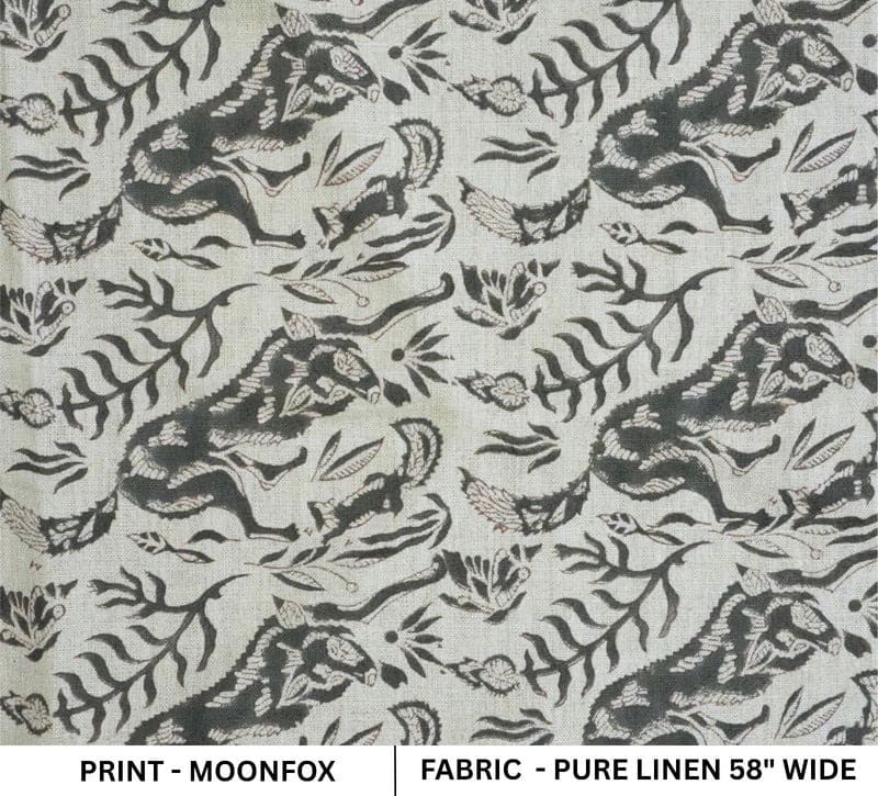 Handmade Indian Block Print Black Pure Linen Fabric - Moon Fox