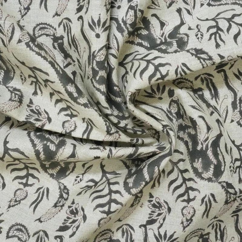 Handmade Indian Block Print Black Pure Linen Fabric - Moon Fox