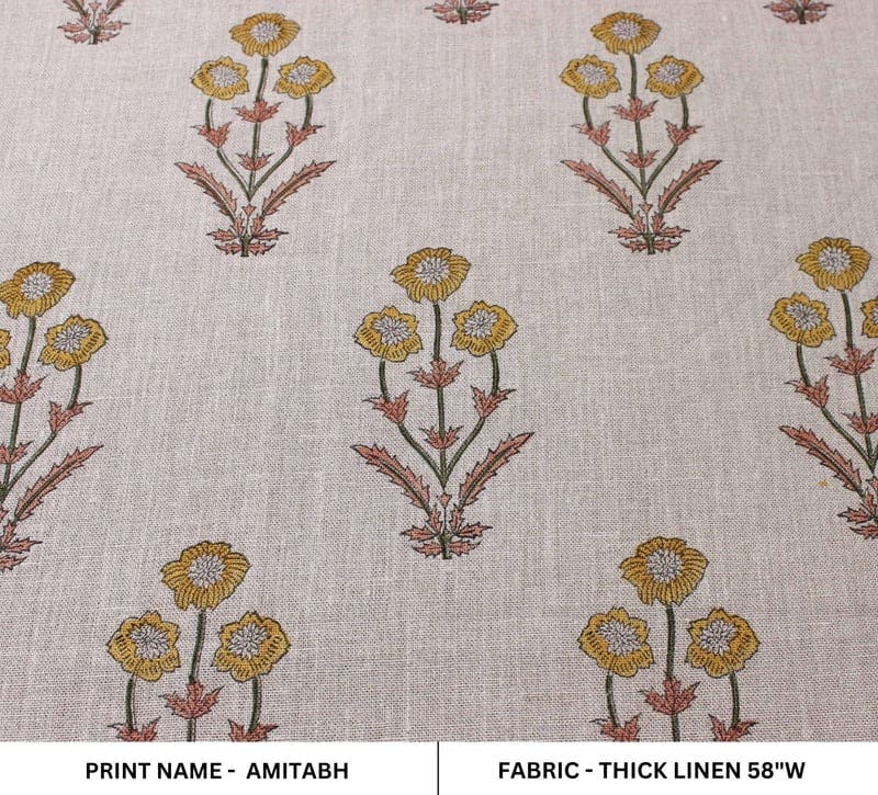 Handmade Indian Block Print Mustard Thick Linen Fabric - Amitabh
