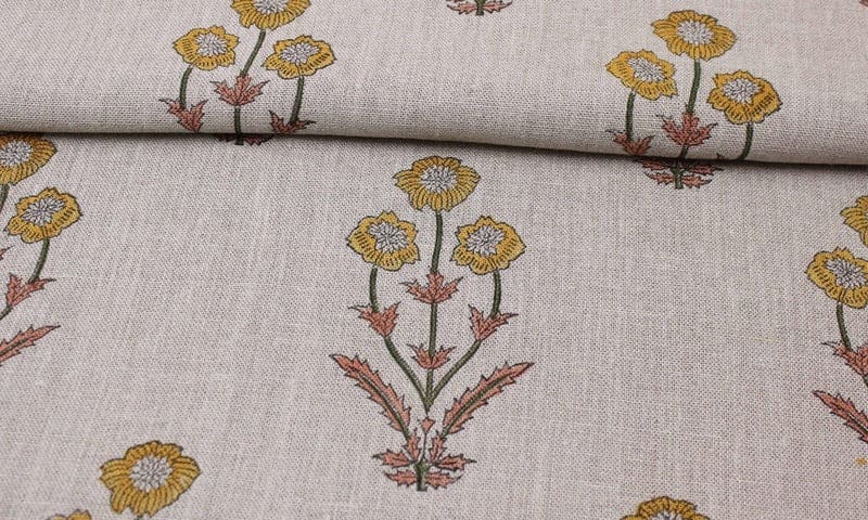 Handmade Indian Block Print Mustard Thick Linen Fabric - Amitabh