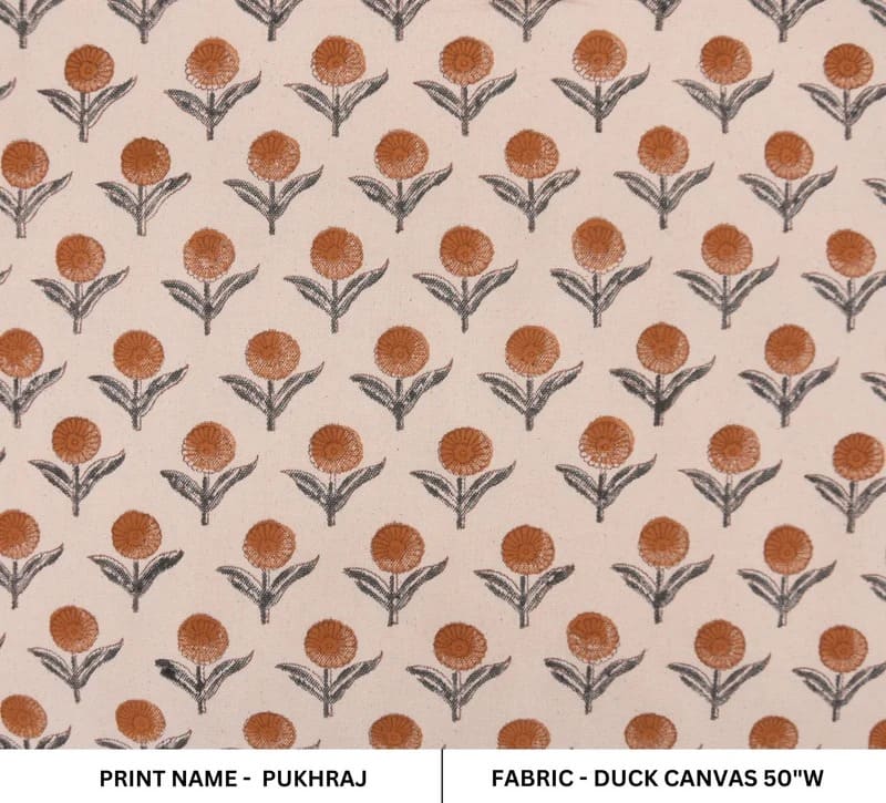 Handmade Throw Block Print Orange Duck Canvas Fabric - Pukhraj