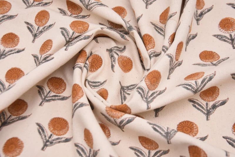 Handmade Throw Block Print Orange Duck Canvas Fabric - Pukhraj