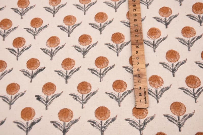 Handmade Throw Block Print Orange Duck Canvas Fabric - Pukhraj