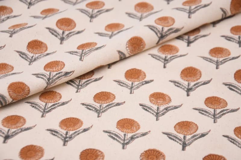 Handmade Throw Block Print Orange Duck Canvas Fabric - Pukhraj