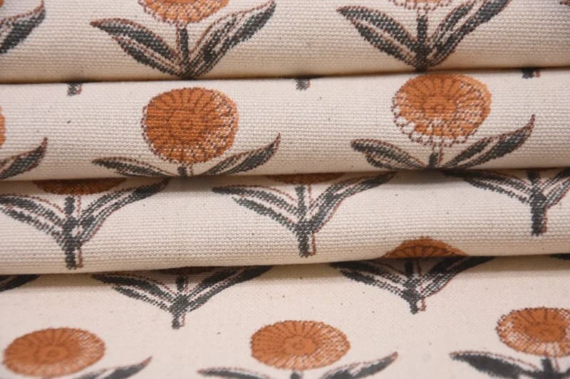 Handmade Throw Block Print Orange Duck Canvas Fabric - Pukhraj