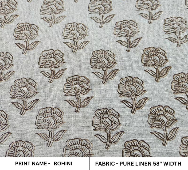 Handstamped Hand Block Print Green Pure Linen Fabric - Rohini